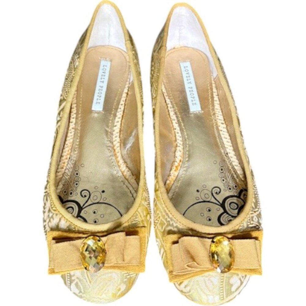 Lovely People Alpinia Brocade Ballet Flats, Ribbon Bow and Jewel - Gold/Tan - 9
